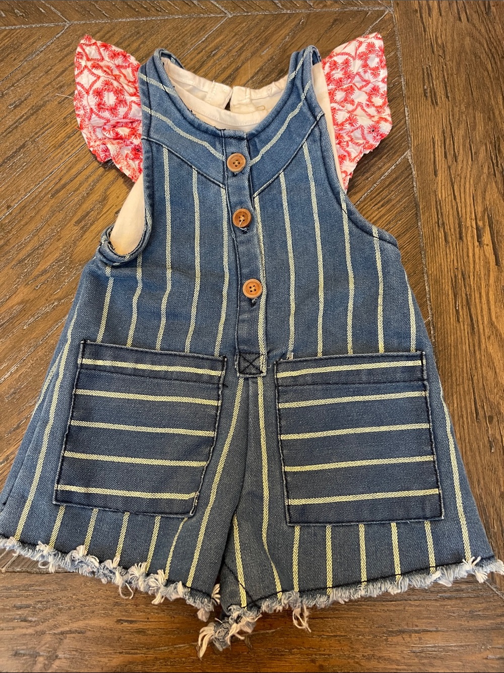 Jessica Simpson Blue Striped Denim Romper with Pink Ruffle Sleeves